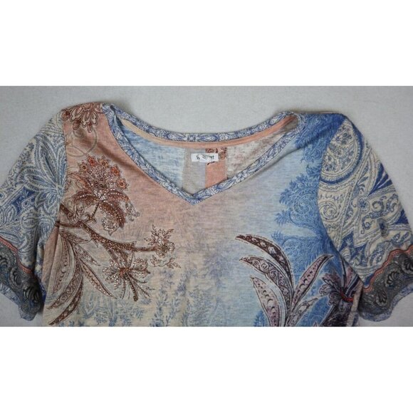 WESTPORT - WOMEN'S BLUE & PINK PRINT SHORT SLEEVE T-SHIRT SWEATER TOP - XL - Picture 4 of 7